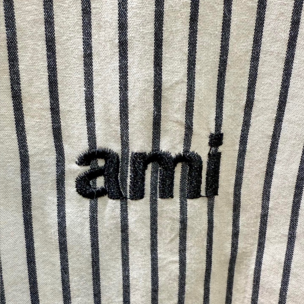 NWT AMI Paris Brown & White Striped Cotton Button-Down Shirt with Logo - Picture 2 of 8